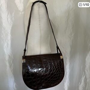 Vintage Christian Dior Croc-Embossed Brown Leather Shoulder Bag